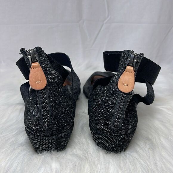 Gentle Souls Lisa Black Sparkly Elastic Ankle Strap Wedge Shoes Sz 10 - Picture 2 of 6